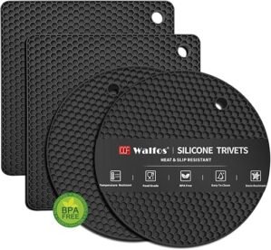 Walfos Silicone Trivet Mats - 4 Heat Resistant Pot Holders, Multipurpose Non-Slip Hot Pads for Kitchen Potholders, Hot Dishers, Jar Opener, Spoon Holder, Food Grade Silicone & BPA Free (Black)