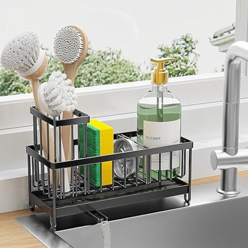 Cisily Black Sink Caddy Sponge Holder with Brush Stand and Rustproof Stainless Steel Frame