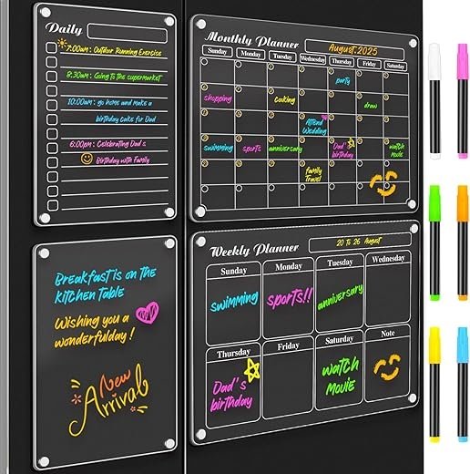 4-Piece Magnetic Acrylic Fridge Calendar Set with Markers
