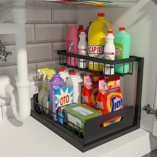 REALINN 2-Tier Under Sink Pull-Out Organizer Shelf for Cabinet Storage, Black